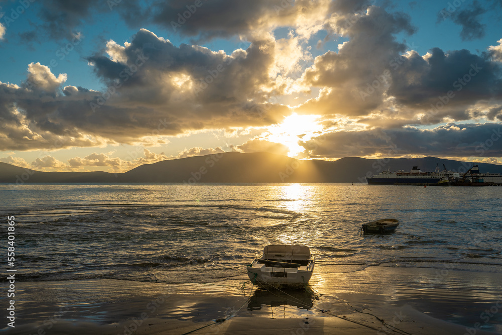 Sunset Over the Sea with Fishing Boat , Beautiful Nature Background from Vlore, Albania Sunset Over the Sea with Fishing Boat , Beautiful Nature Background from Vlore, Albania