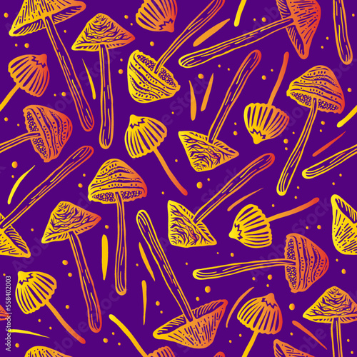 Amazing wallpapers of hallucinogenic mushrooms. Seamless vector pattern of yellow psilocybin mushrooms. Wrapping paper from yellow fly agarics