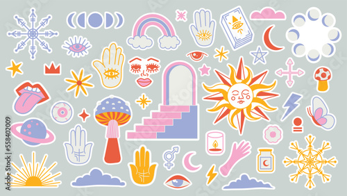Magic background groovy in retro trend style with clipart elements. Decorative mystical vector isolated pattern. clipart stickers. Esoteric element witchcraft. Collection of occult symbols y2k