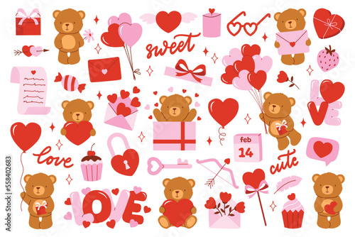 Lovely bear with hearts, balloons, love letters and gift boxes in pink and red colors. Clipart collection. Vector flat design
