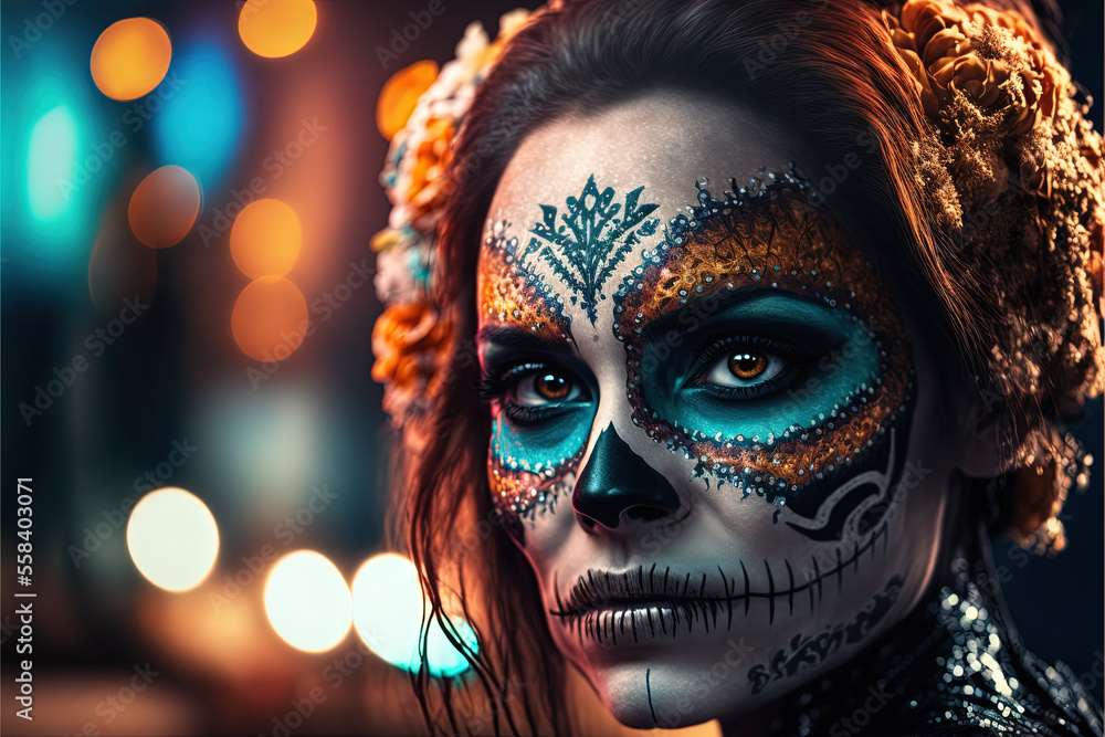 Woman with Calavera (Mexican Sugar skull) makeup, colorful, floral skull for dia de los muertos (Day of the Dead), generative AI technology Woman with Calavera (Mexican Sugar skull) makeup, colorful, floral skull for dia de los muertos (Day of the Dead), generative AI technology