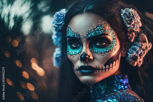 Woman with Calavera (Mexican Sugar skull) makeup, colorful, floral skull for dia de los muertos (Day of the Dead), generative AI technology