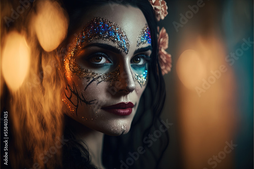 Woman portrait with traditional Calavera makeup (Mexican Sugar skull makeup), colorful, floral skull for Dia de Los Muertos (Day of the Dead in Mexico) celebration. Generative AI technology