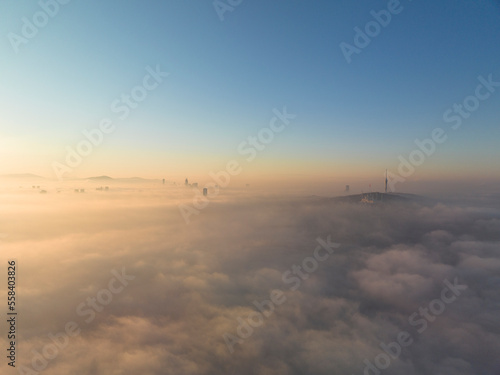 Camlica Mosque and TV Tower in the Foggy Morning Drone Photo, Uskudar Istanbul, Turkey