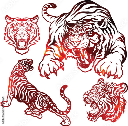 Fototapeta Naklejka Na Ścianę i Meble -  tiger pack tigers aggression red fire flame bundle cats four angry