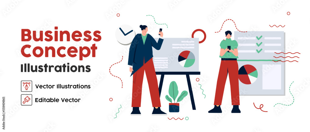 Business Concept illustrations. set Collection of scenes with women taking part in business activities. Vector illustration