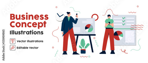 Business Concept illustrations. set Collection of scenes with women taking part in business activities. Vector illustration