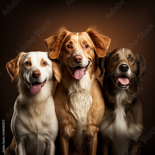 Studio portrait of three mixed breed dogs on a brown background. Generative AI. © DALU11