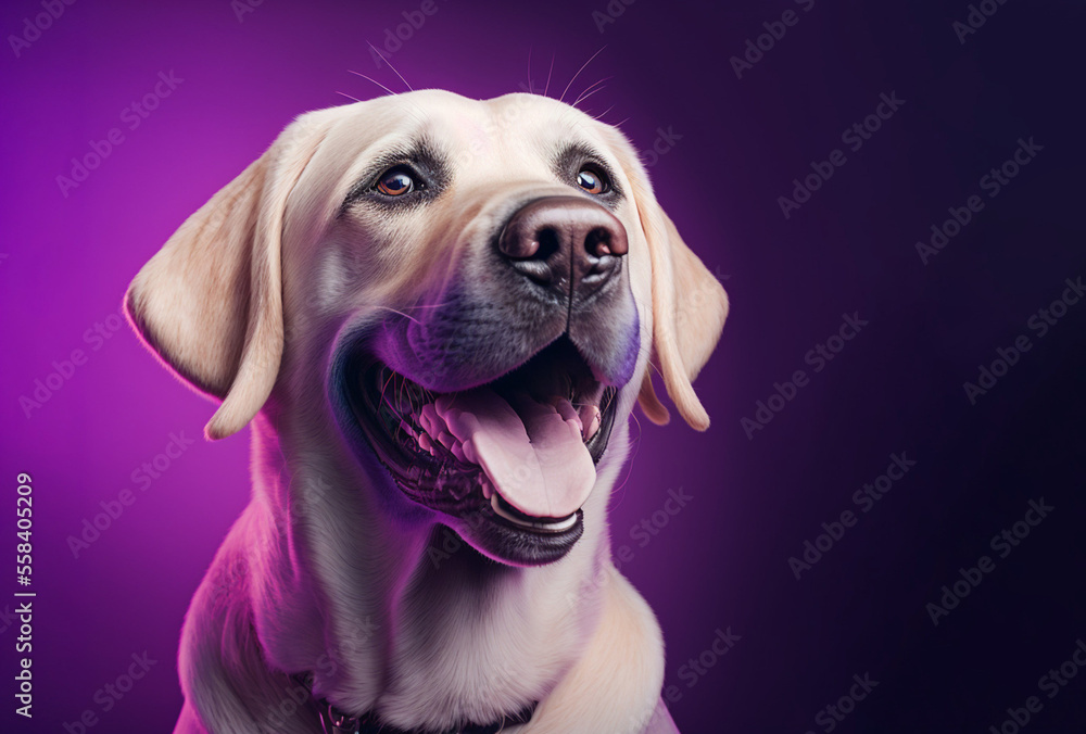 Portrait of a labrador retriever on a lilac background. Generative AI.