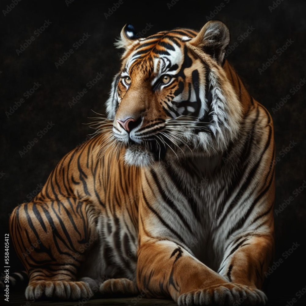 Fototapeta premium Portrait of a tiger on a black background. Generative AI.