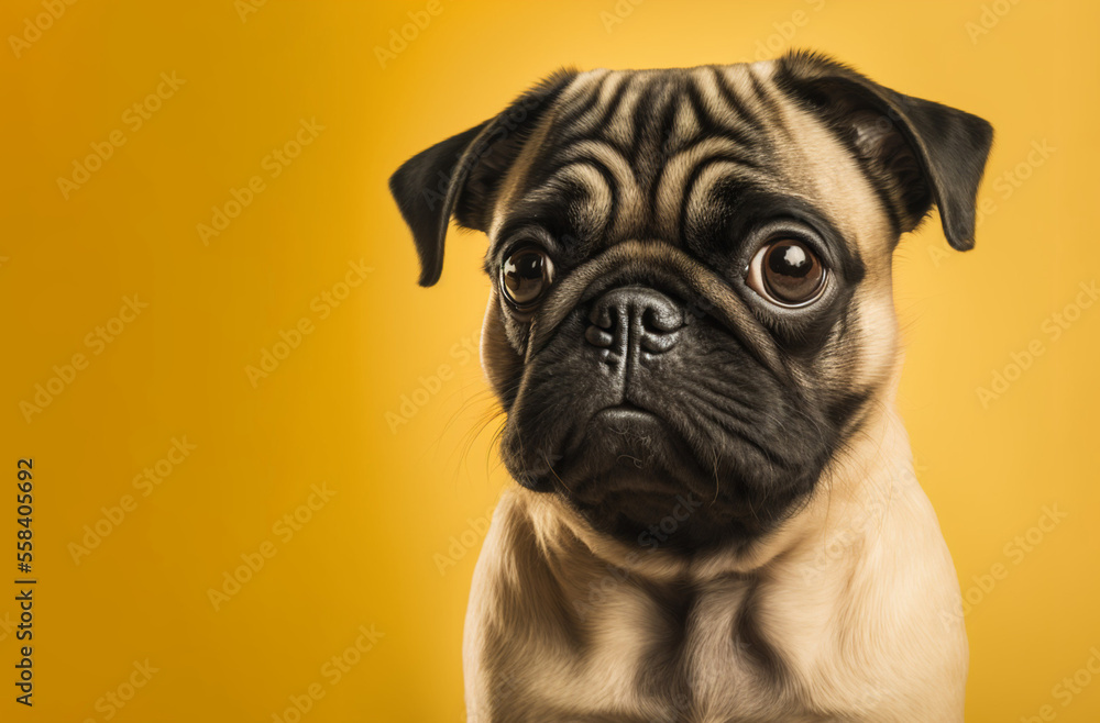 Studio portrait of a Pug dog on a yellow background. Generative AI.