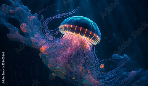 Abstract art. Colorful painting art of a glowing jellyfish in the depths of the sea. Background illustration. Generative AI. © PhotoGranary