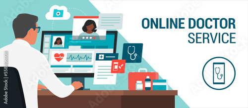 Online doctor talking with a patient on a video call