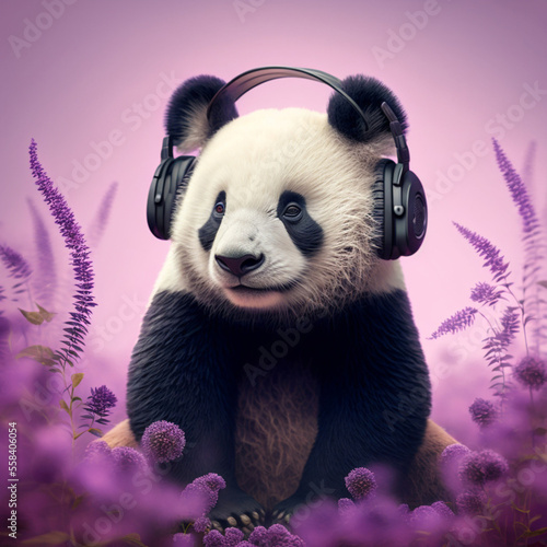 Studio portrait of a panda bear listening to music with headphones. Generative AI.