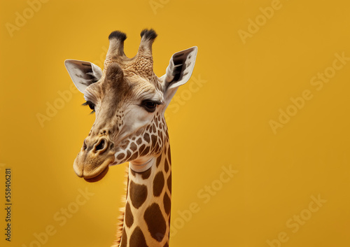 Studio portrait of a giraffe on a yellow background. Generative AI.