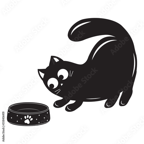 Cute cat with a bowl of food, black outline, vector illustration in doodle style