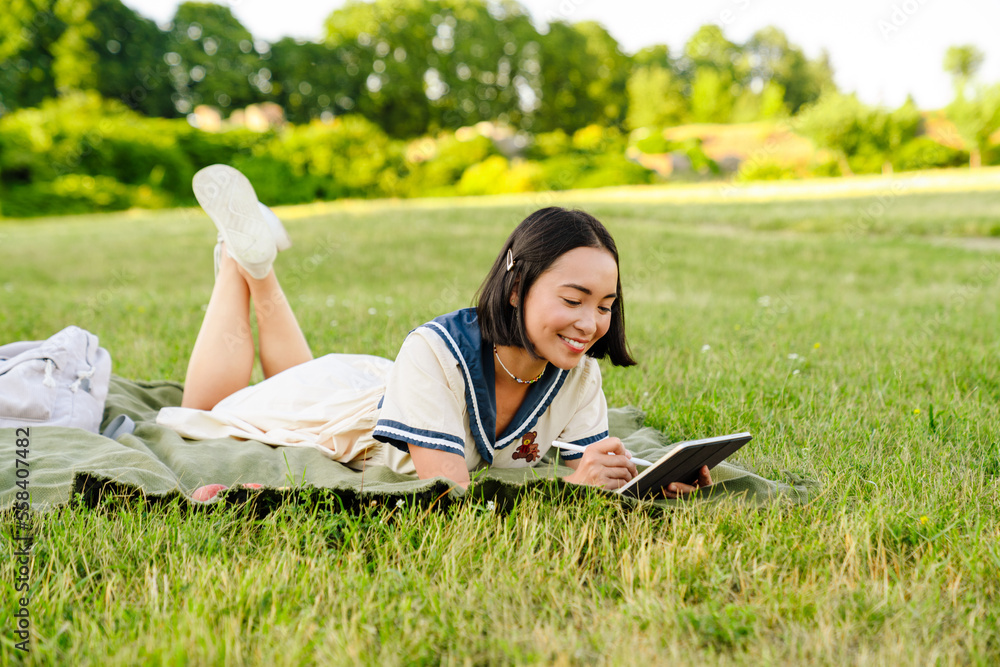 Obraz premium Smiling asian woman drawing on digital tablet with stylus while lying on blanket in park