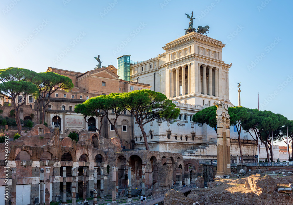 Ruins of Roman Forum and Vittoriano monument in Rome, Italy