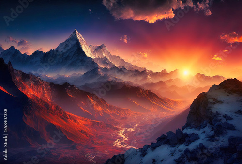 A Breathtaking Sunset In The Himalayas Mountains. Generative AI © Digitale Wanderlust