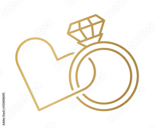 golden diamond engagement ring and heart icon  - vector illustration