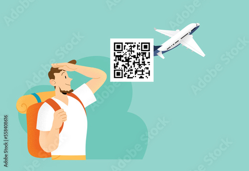 Young man traveller with backpack with airplane on background vector illustration. Concept of qr code pass on smartphone and travel authorization during covid-19 pandemic. Digital vaccination pass.
