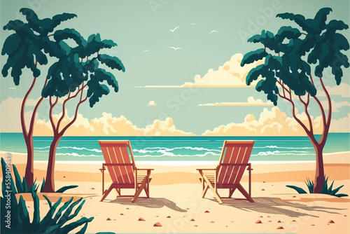 Beach with palm trees. Generative Ai illustration.