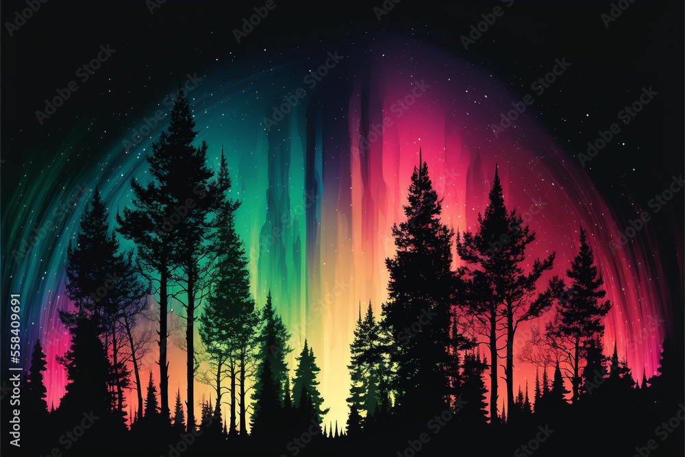 Colorful polar arctic Northern lights Aurora Borealis activity over the pine forest in winter. Stock illustration.