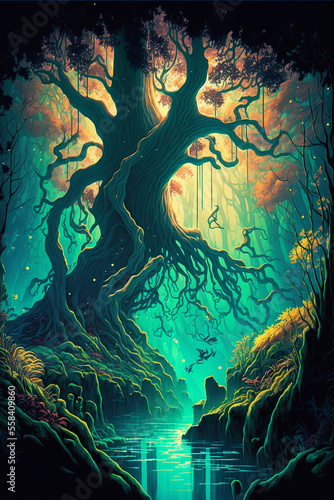 Enchanting fairy-tale forests of the Elven Kingdom. The towering trees and sparkling streams of this mythical realm are straight out of a storybook. Vector illustration. Generative Ai.