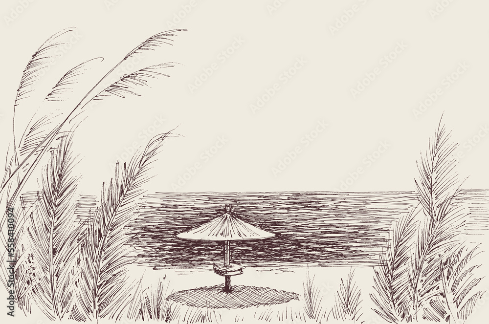 Fototapeta Sun umbrella in the sand on the beach vector hand drawing