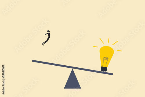 Businessman jump on seesaw with lightbulb. concept of idea, process, inspiration, invention and brainstorming