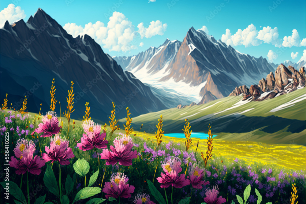 Meadow with flowers and mountains. Generative Ai illustration in vector style.
