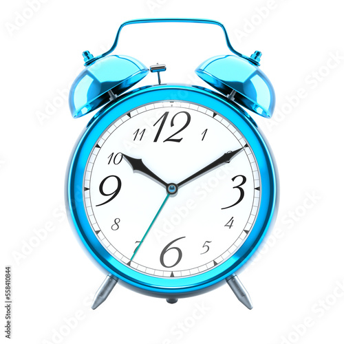 Alarm clock, vintage style blue metallic color clock with black hands.