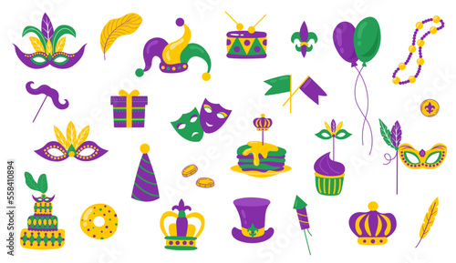Mardi Gras carnival illustration set. Mardi Gras collection, feather mask, cake, pancakes, beads. White background, isolate. Vector illustration.