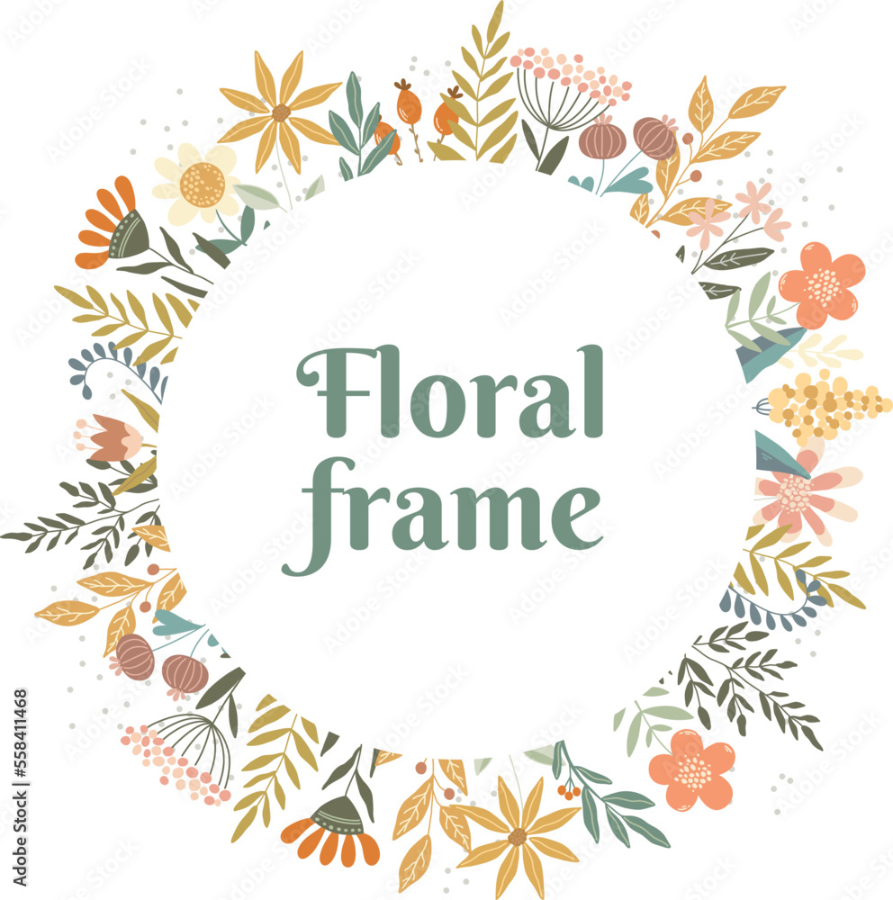 Floral vector round frame with wildflowers, leaves and berries invitation template