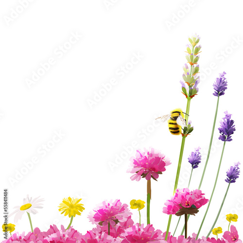 Bee in flower gardenBee on lavender stem with surrounding flowers