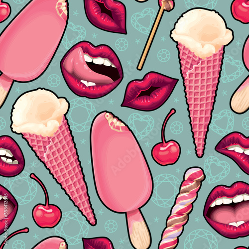 Vector seamless pattern with lips and icecream