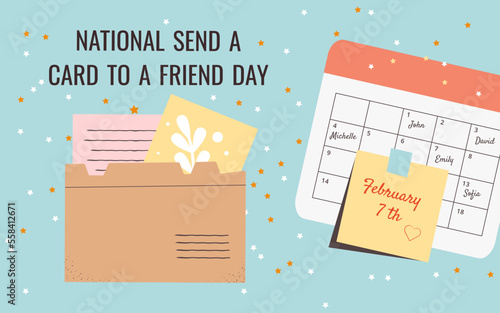 National Send A Card To A Friend Day horizontal banner. Paper envelope with a letter and a postcard. Calendar with sticker February 7th. vector flat illustration