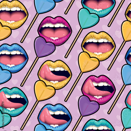 Vector seamless pattern with lips and lollipops