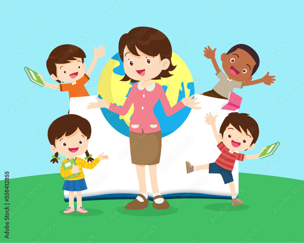 happy teacher with Boy and girls learning or studying.children with Back to School Concept education happy teacher with Boy and girls learning or studying.children with Back to School Concept education