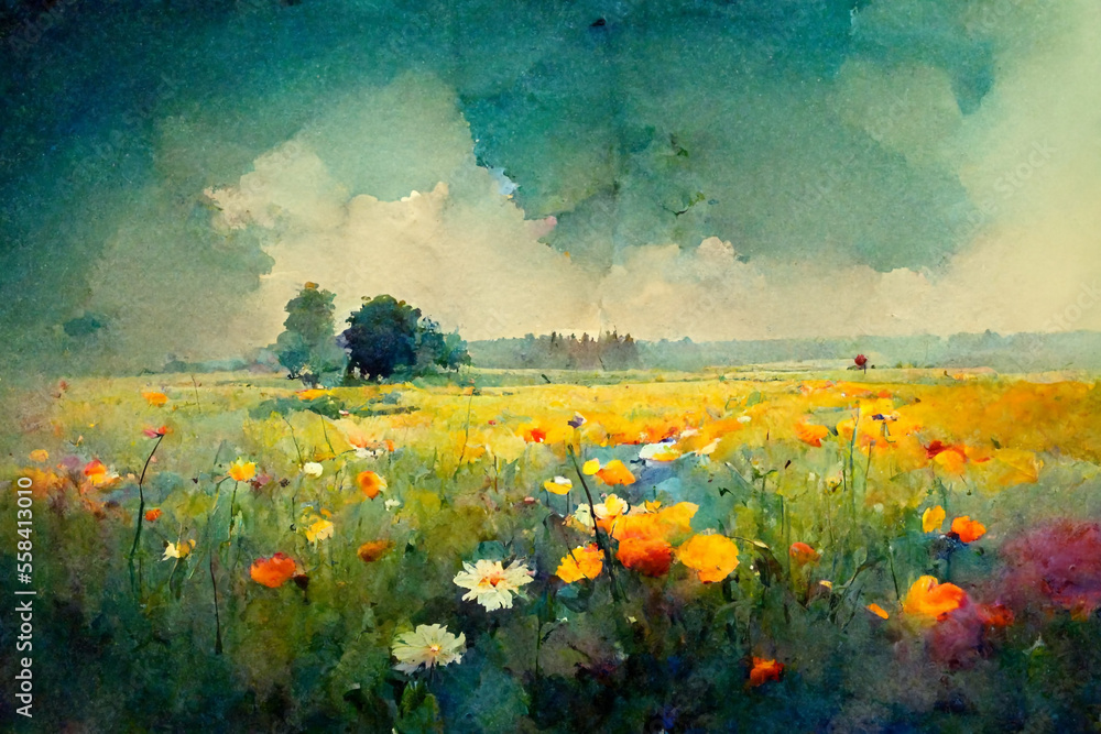 Flower meadow - watercolor - obrazy, fototapety, plakaty 
