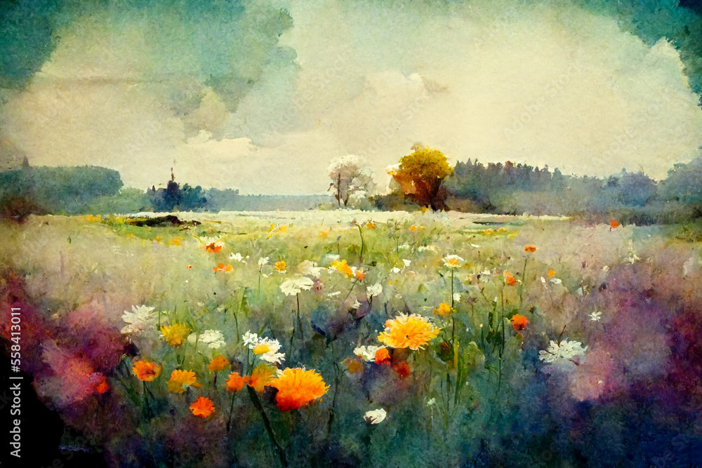 Flower meadow - watercolor - obrazy, fototapety, plakaty 