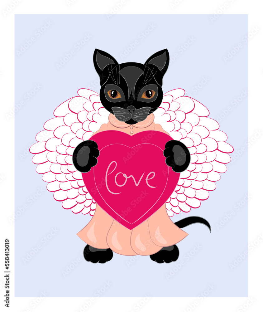 Cat hugging a heart, drawn in a cartoon style.