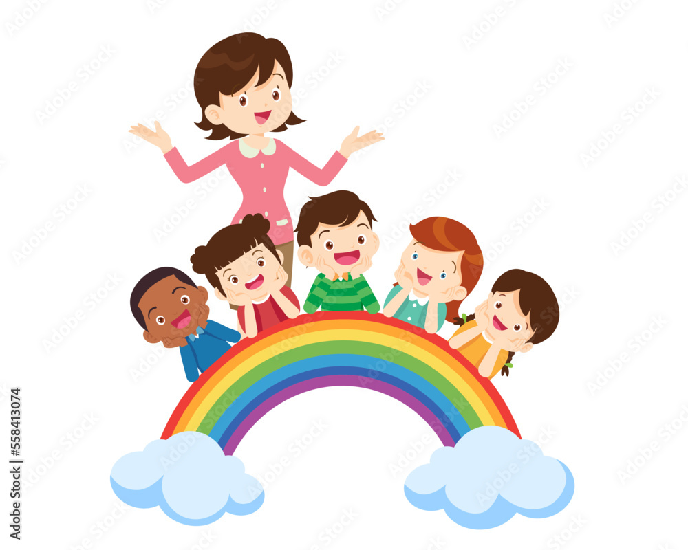 teacher and Children with rainbow Education concept 002