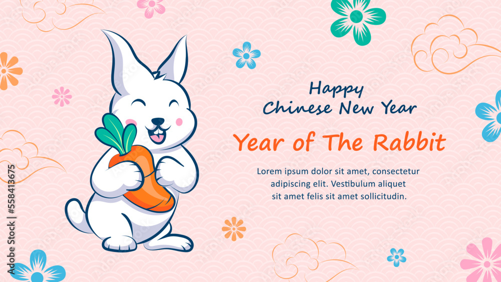 Happy Chinese new year 2023 greeting card or banner with cute rabbit cartoon character Happy Chinese new year 2023 greeting card or banner with cute rabbit cartoon character