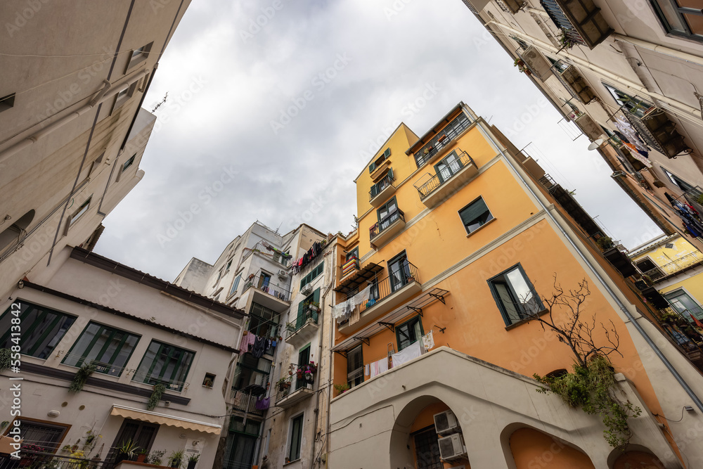 Old Urban Streets in a Downtown city of Salerno, Italy. Sunny and Cloudy Day.