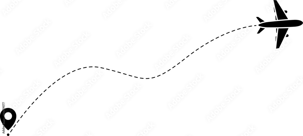 Airplane line path icon of air plane flight route with start point and dash line vector.