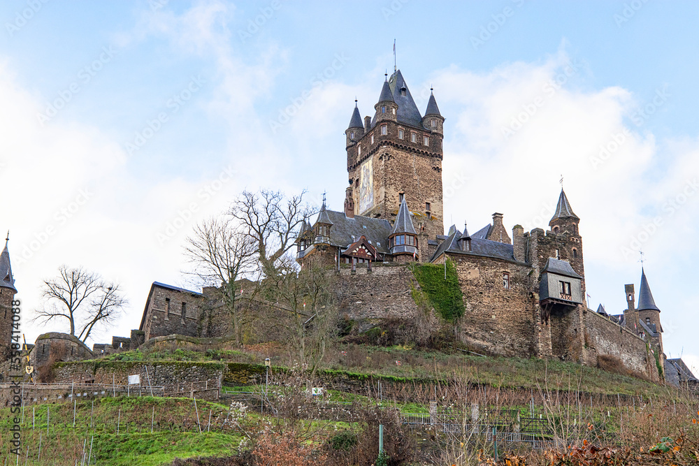 Reichsburg Castle is a high-altitude castle on mountain cone over a vineyards in the German town of Cochem on the Moselle