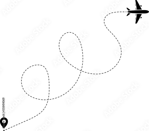 Airplane line path icon of air plane flight route with start point and dash line vector.