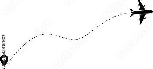Airplane line path icon of air plane flight route with start point and dash line vector.
