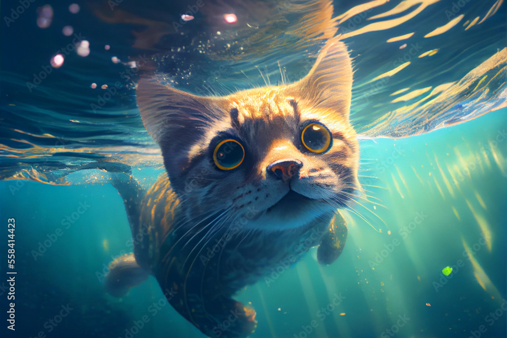 A lovely cat is swimming in the ocean. Generative AI.